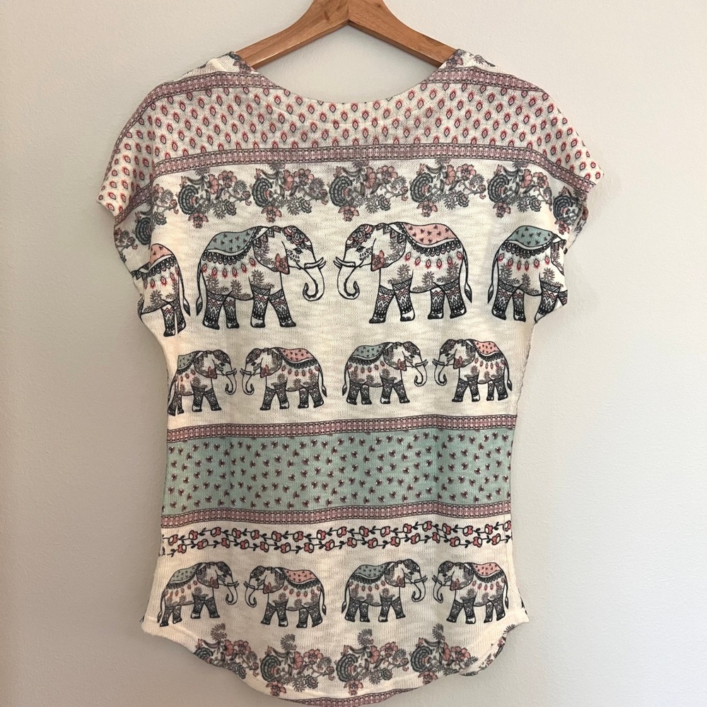 Boho Festival Hippie Elephant Print Knit Top Cap Sleeve Size Medium  by Gaze USA - Picture 2 of 6